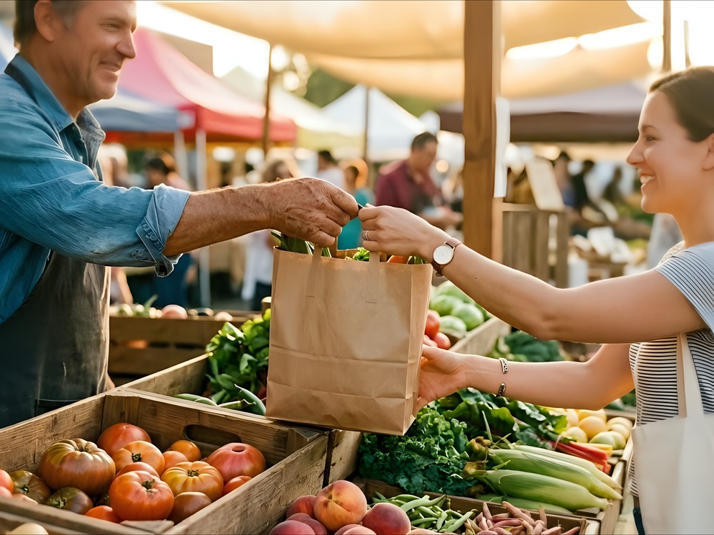 A farmer handing produce across a market stall