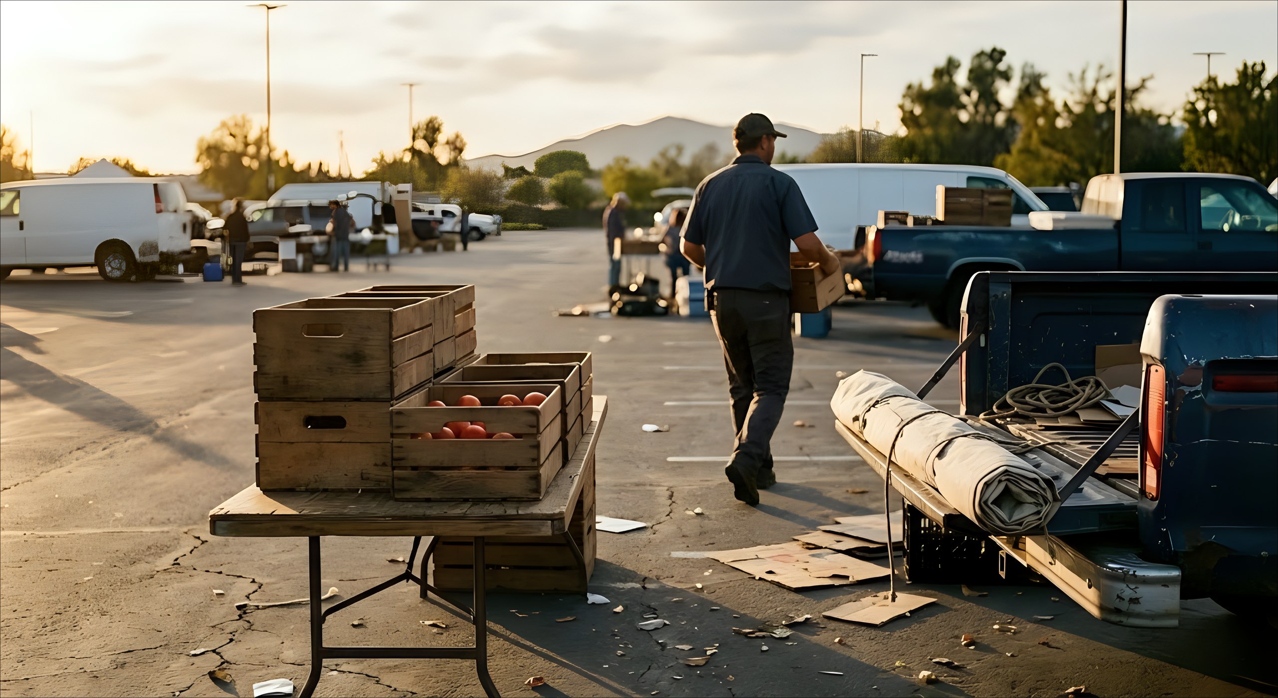 A farmers market packing down at the end of the day, empty crates and a few unsold tomatoes