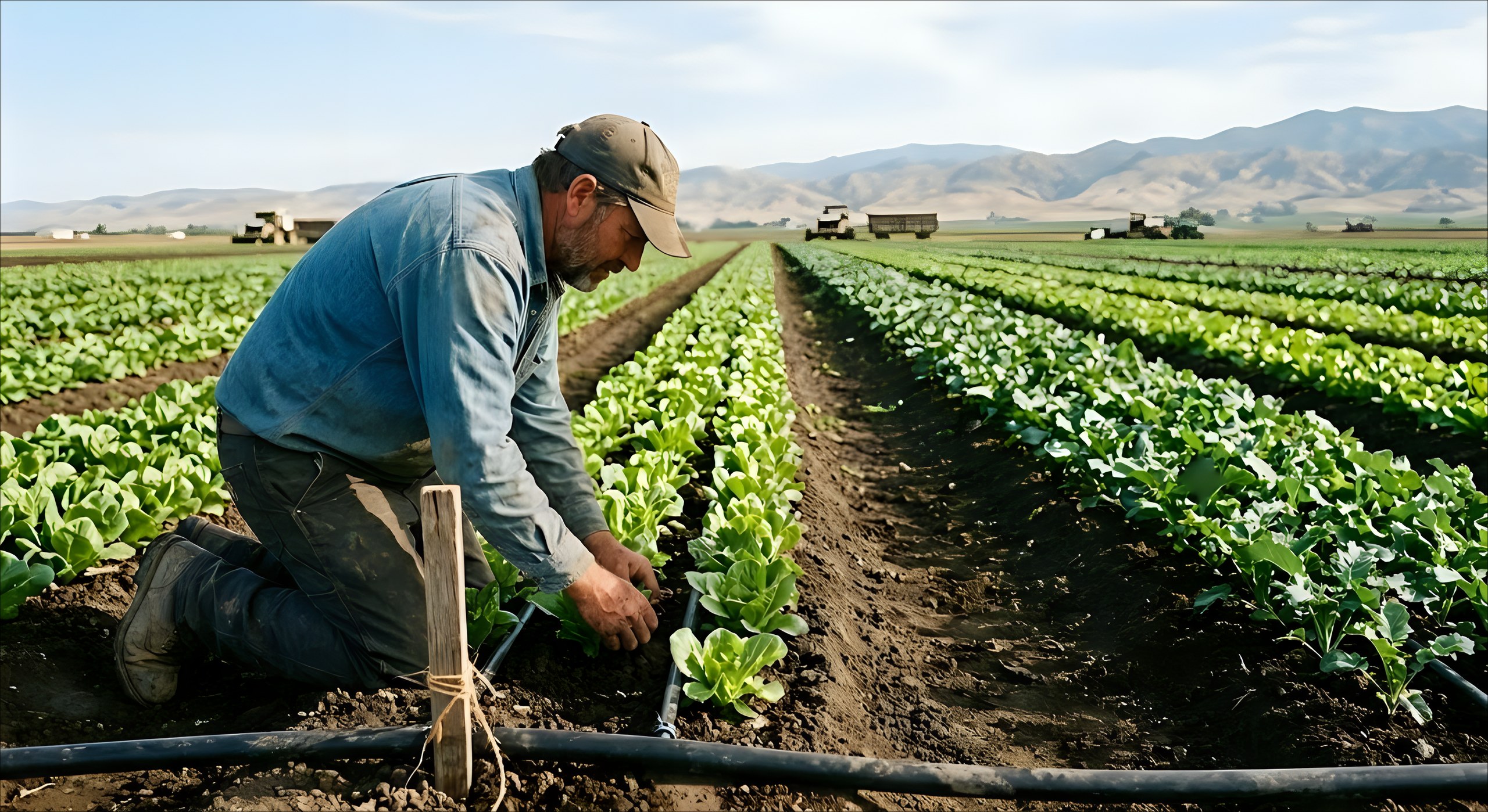 A farmer kneeling in a row of lettuce on a California field, checking a plant
