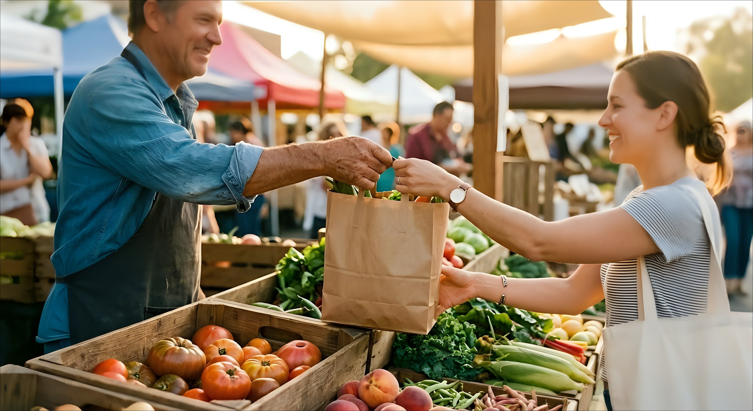 A farmer handing a bag of produce across a market stall to a shopper at golden hour