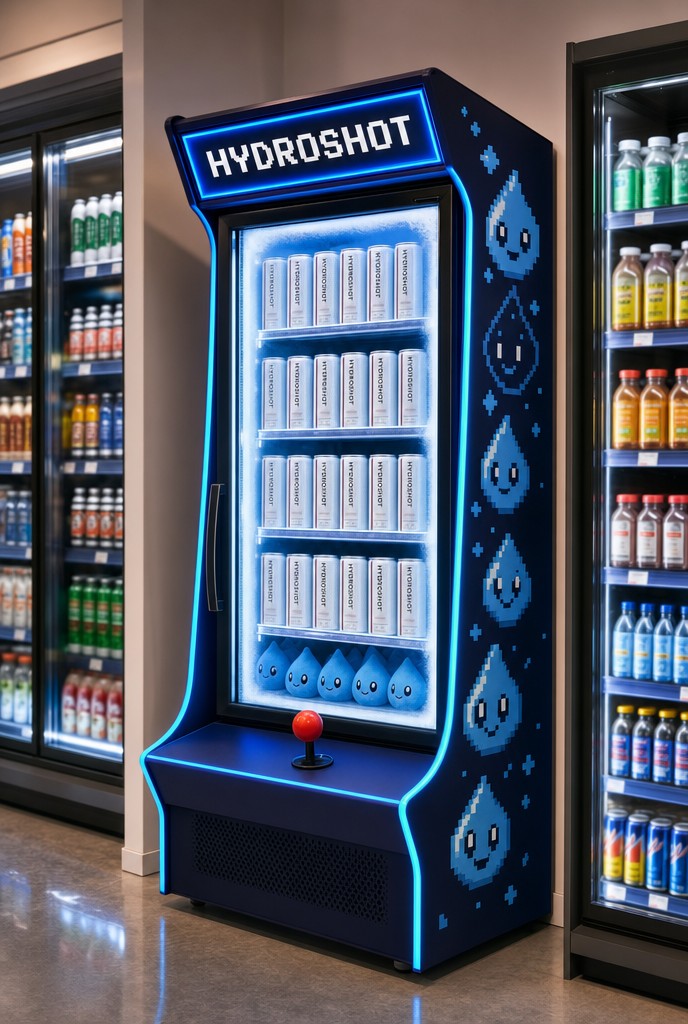 Hydroshot branded cooler built as a retro arcade cabinet with a joystick door handle