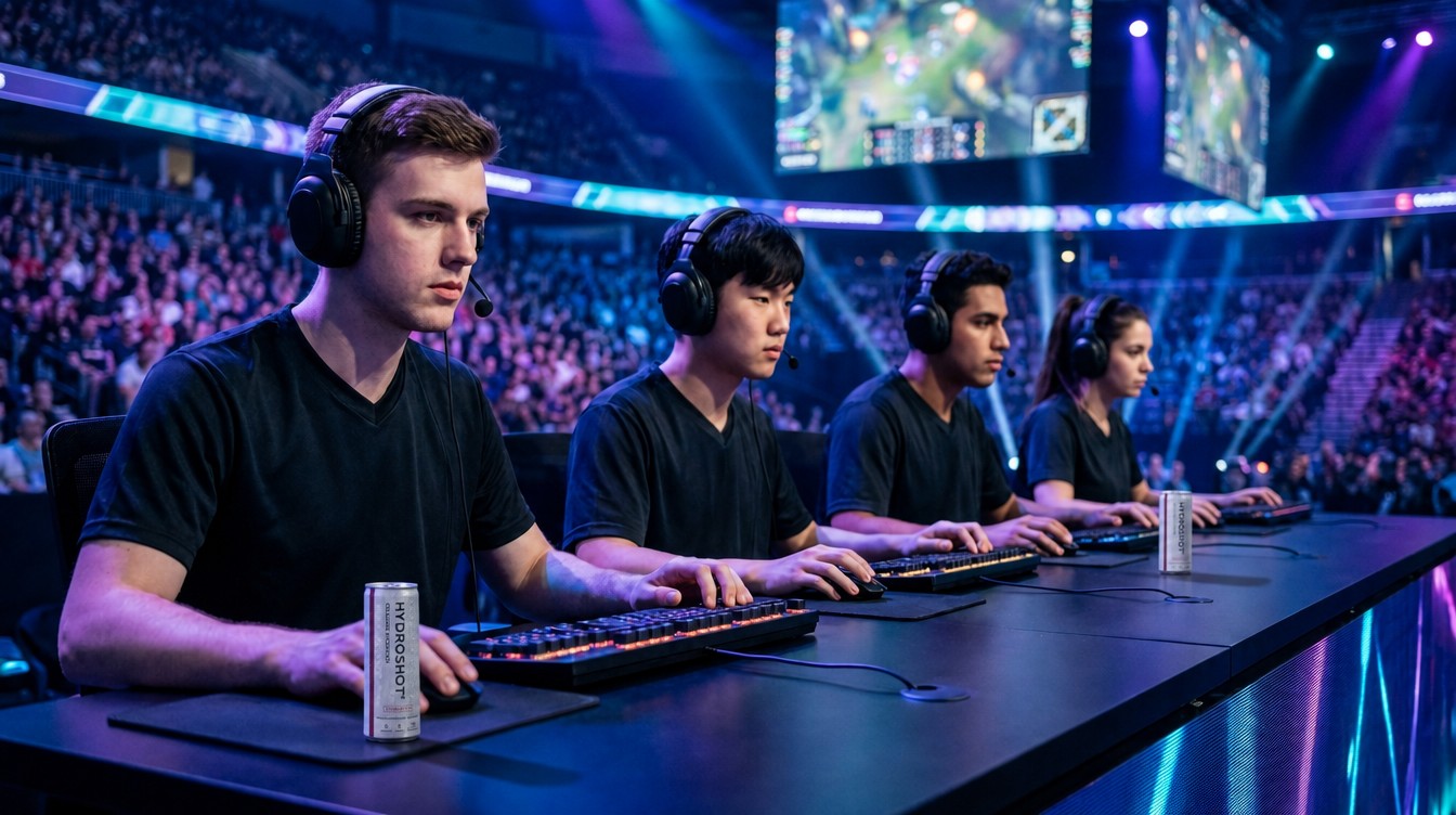 A four-player esports team mid-match at a stadium tournament, a Hydroshot can on the desk