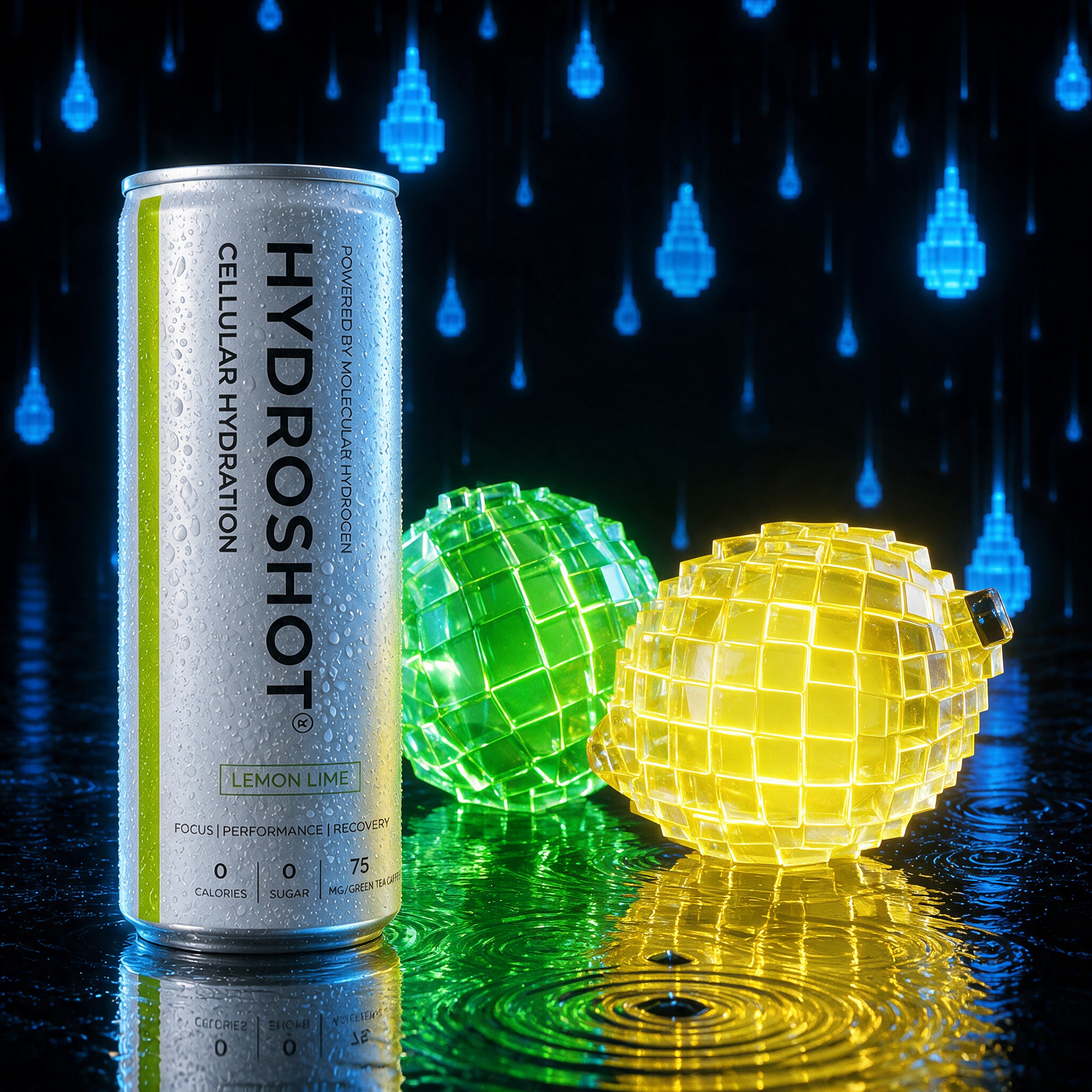 Hydroshot LEMON LIME can standing beside a glowing 8-bit block lemon lime