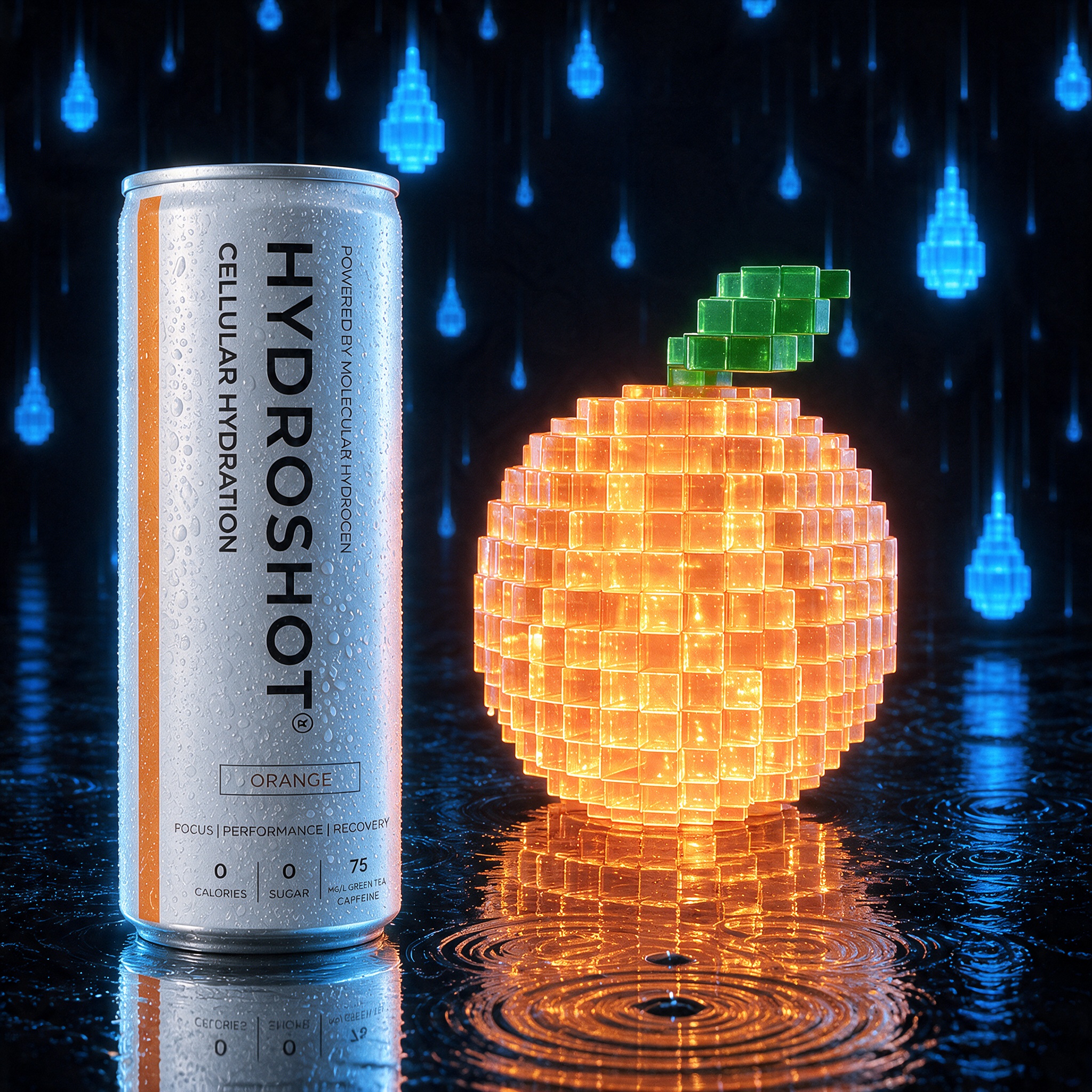 Hydroshot ORANGE can standing beside a glowing 8-bit block orange