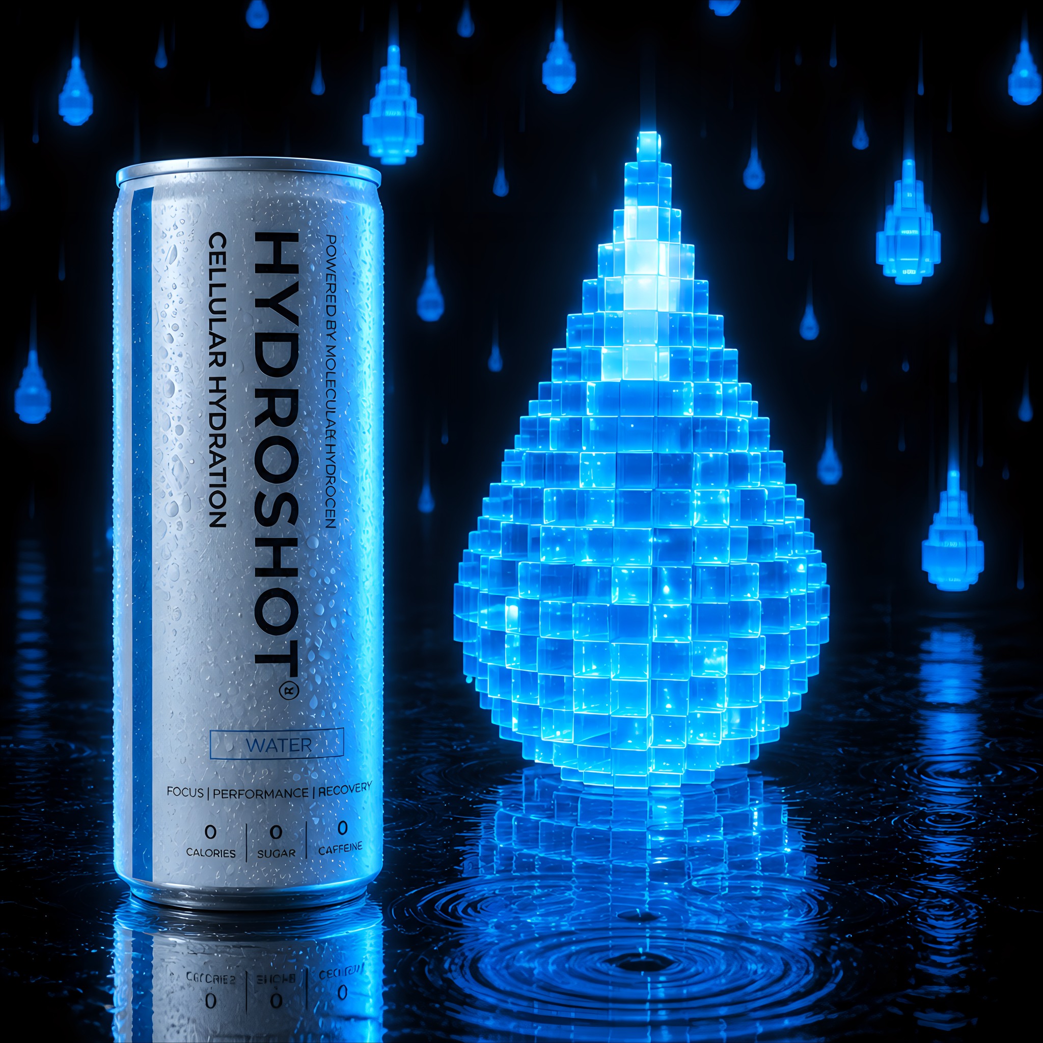 Hydroshot WATER can standing beside a glowing 8-bit block water