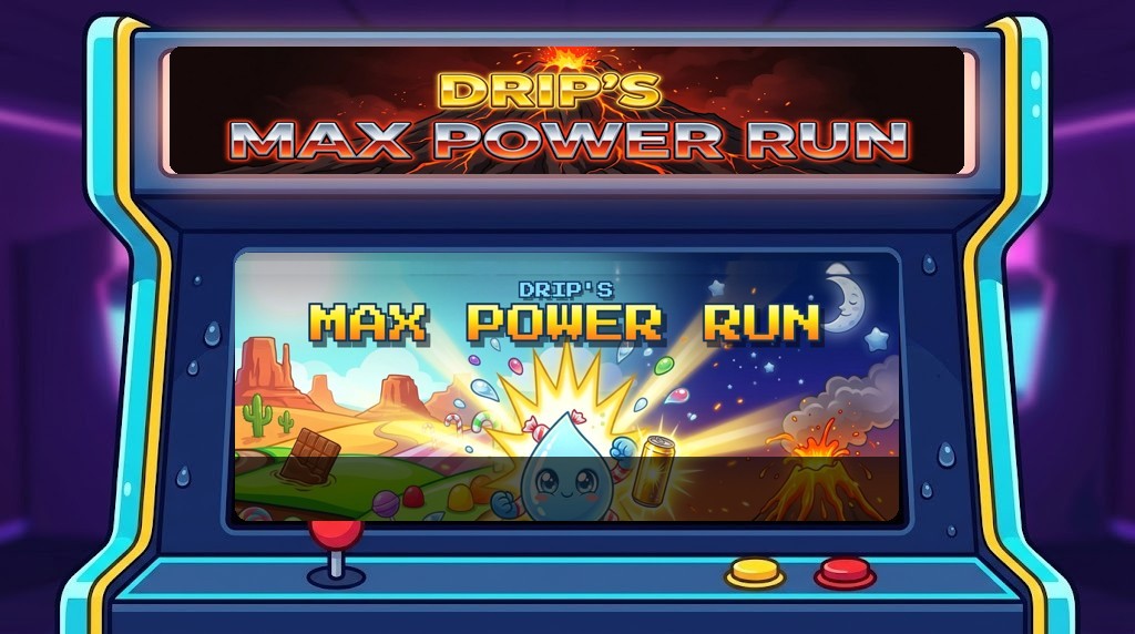 DRIP's Max Power Run playing on a Hydroshot arcade cabinet