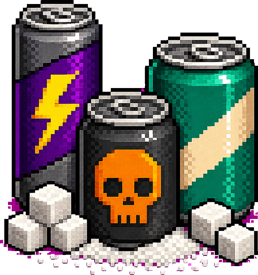 8-bit energy drink cans surrounded by sugar cubes, crossed out