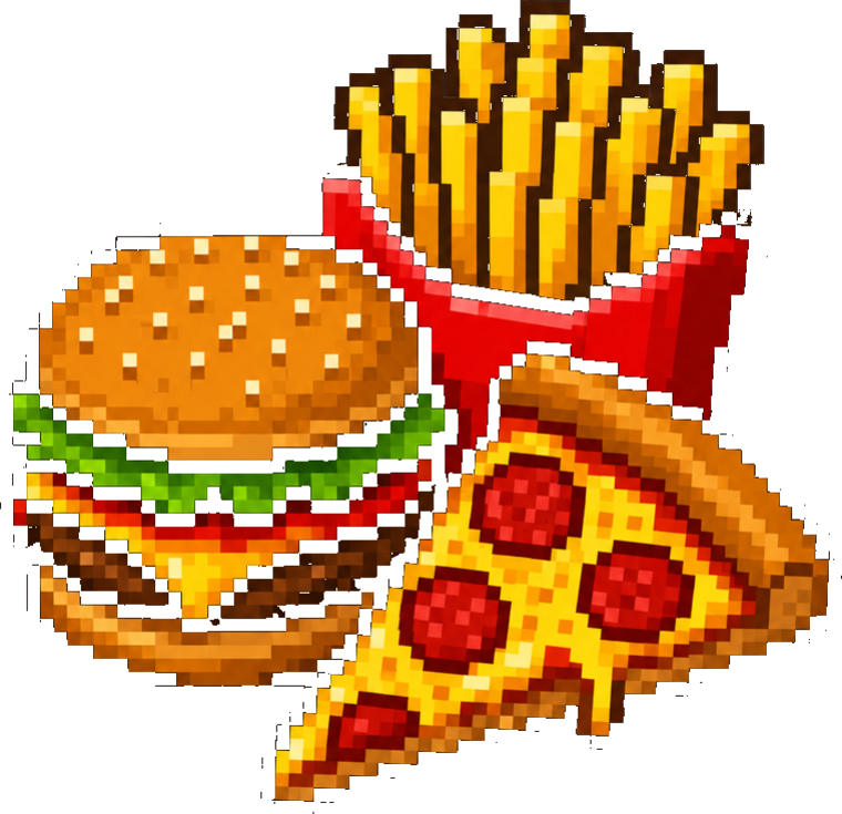 Cheeseburger, fries and pizza from the junk food years