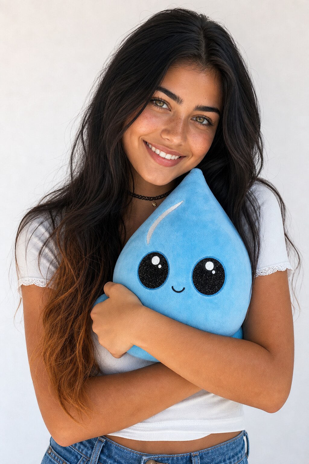 A teen hugging the soft blue DRIP plush
