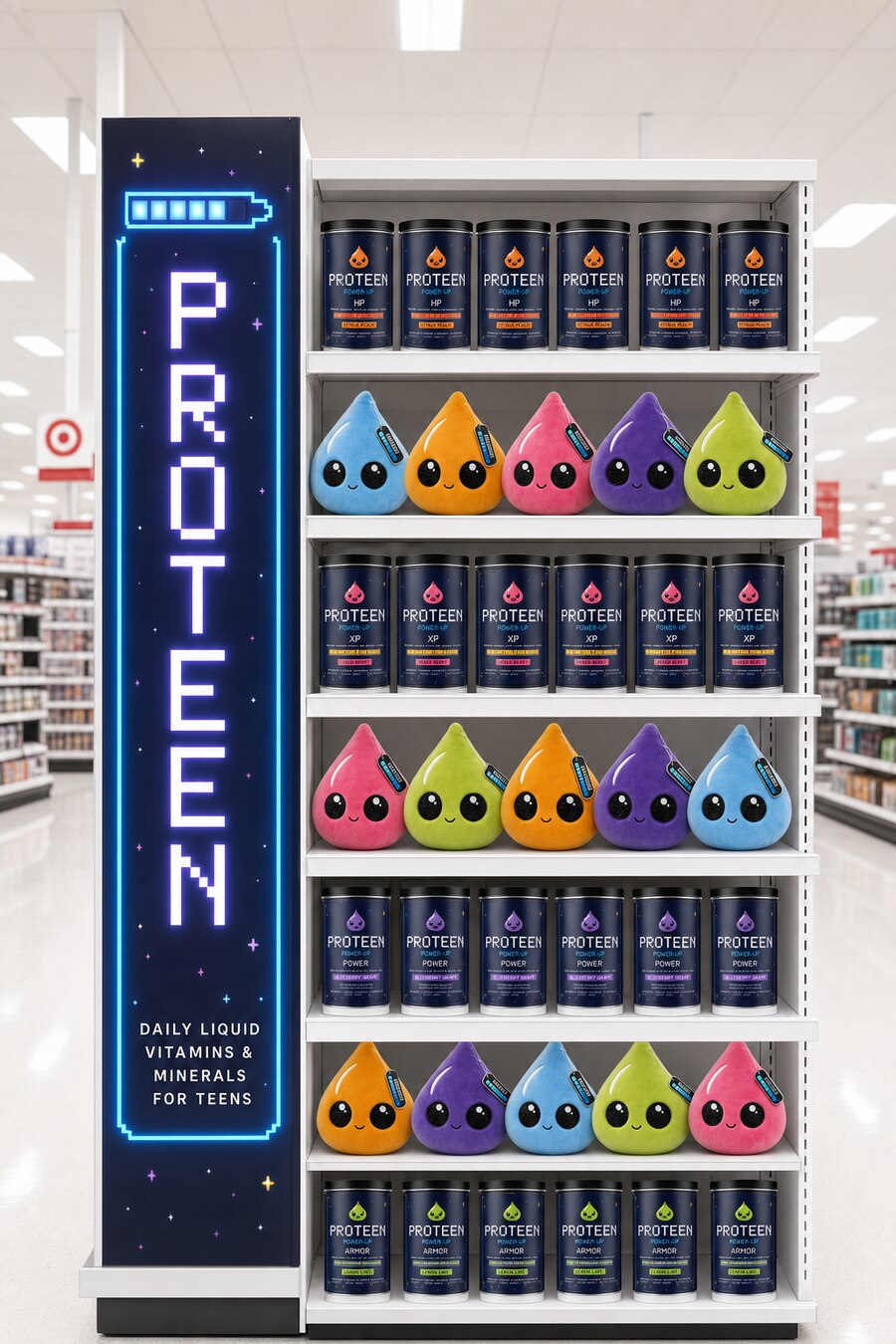 Proteen retail endcap with neon brand tower, canisters and DRIP plushies