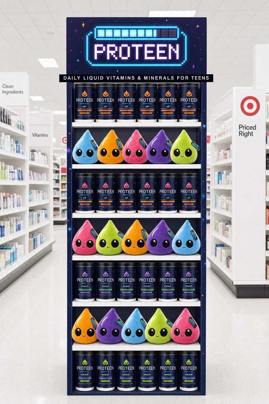 Proteen retail endcap with neon topper, fully stocked shelves