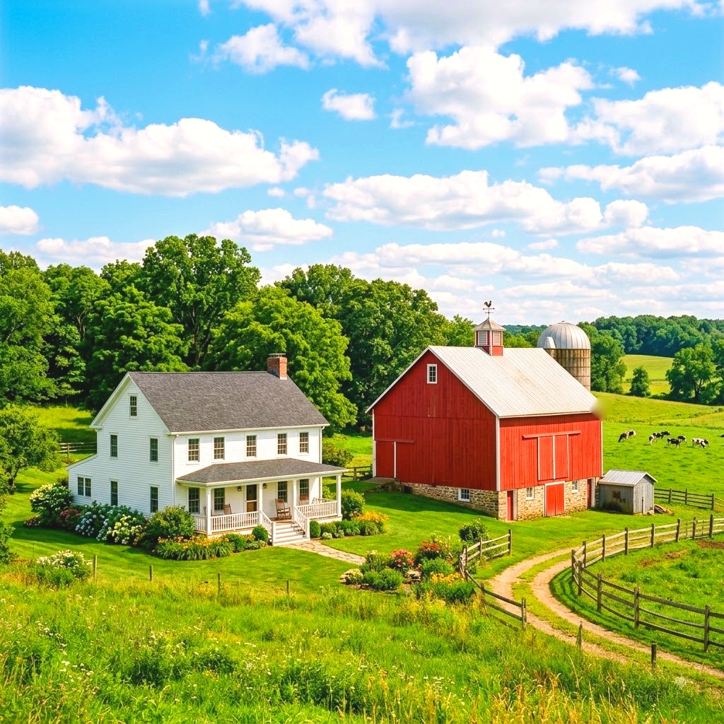 A red barn and white farmhouse in green pasture