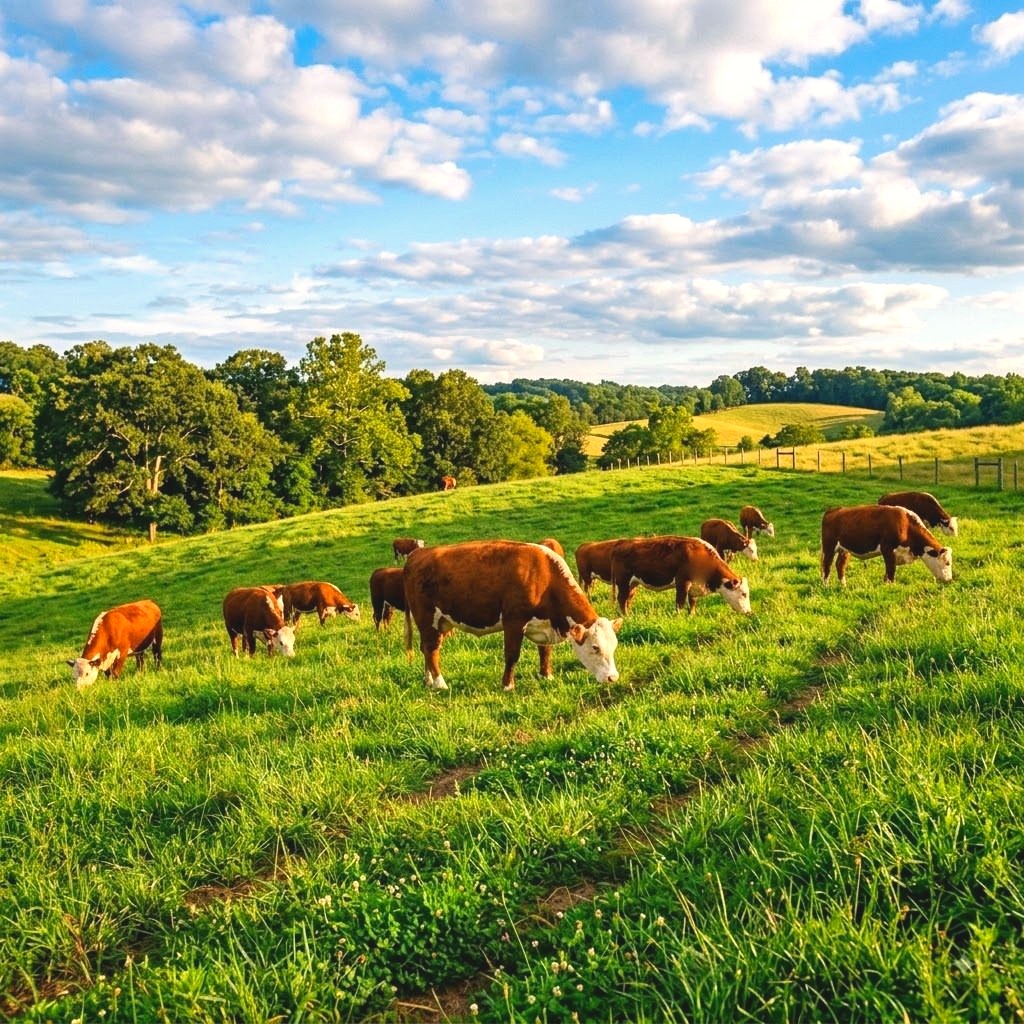 Cattle grazing on green pasture under a blue sky