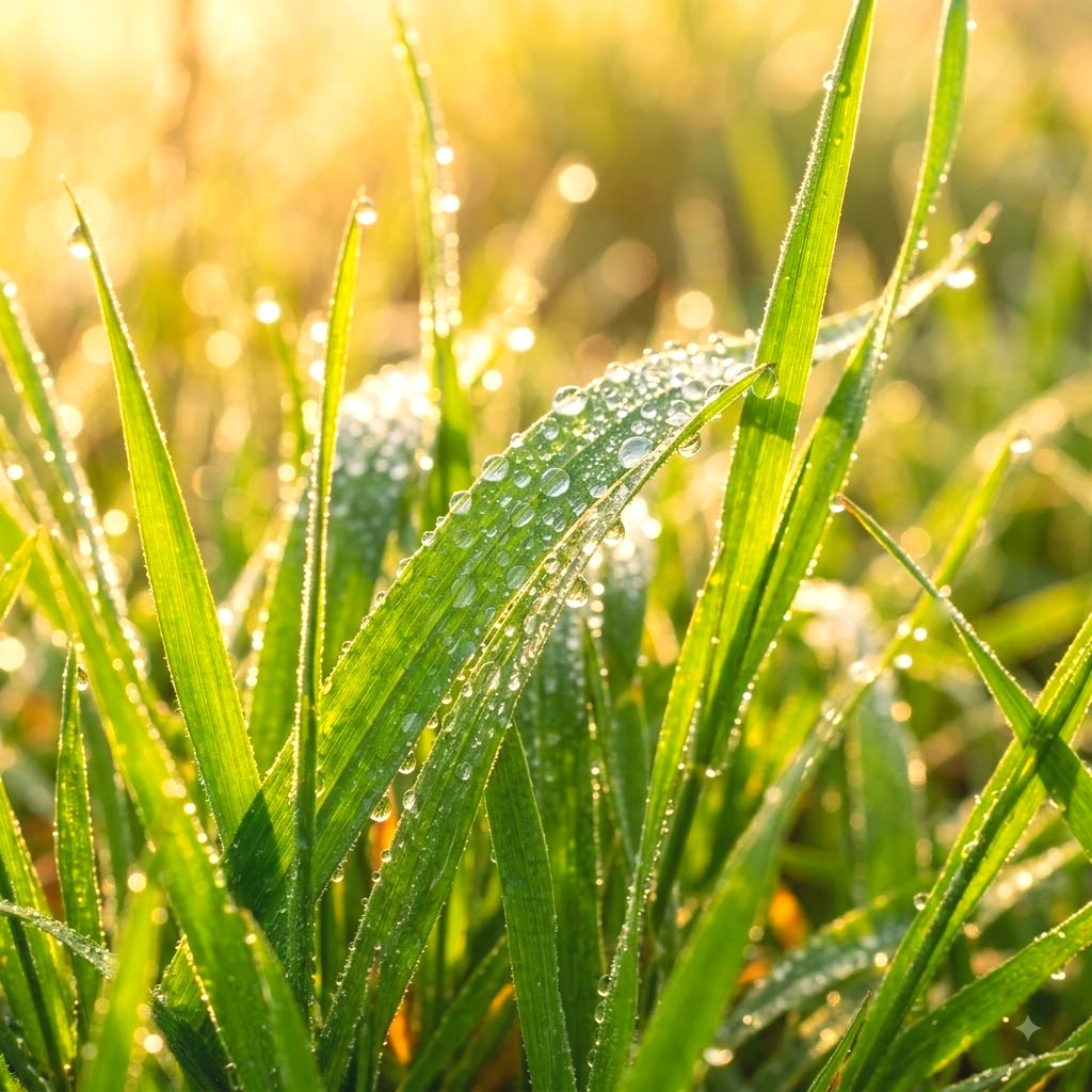 Close-up of green pasture grass with morning dew