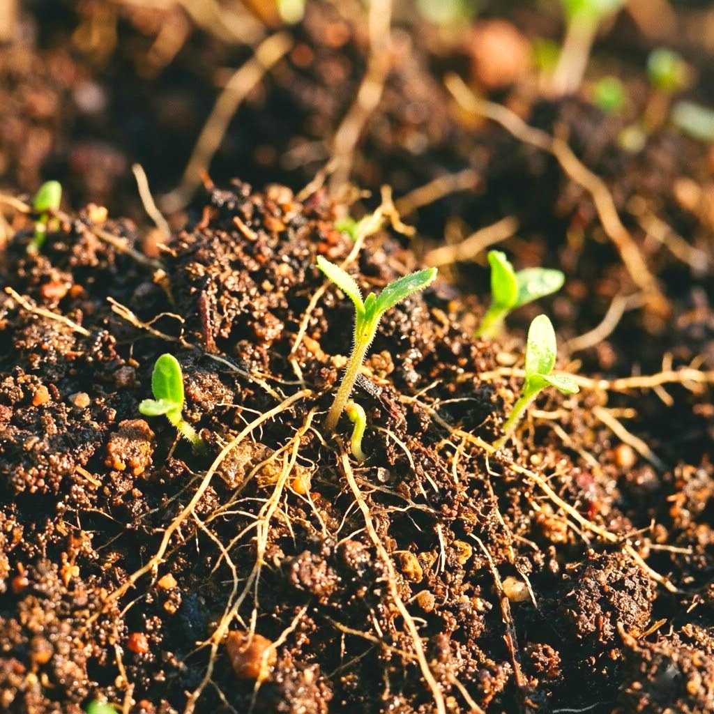 Close-up of rich dark topsoil with new green shoots