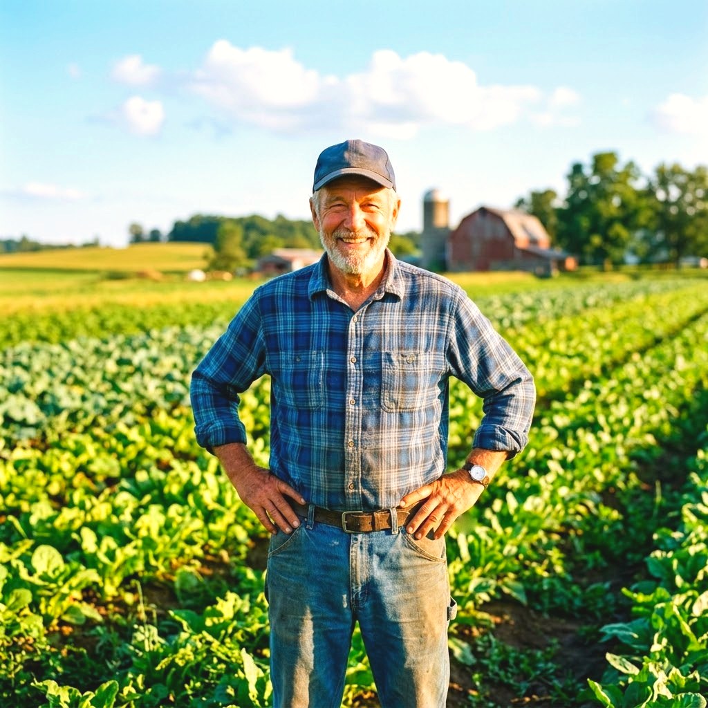 A farmer standing in a sunlit field