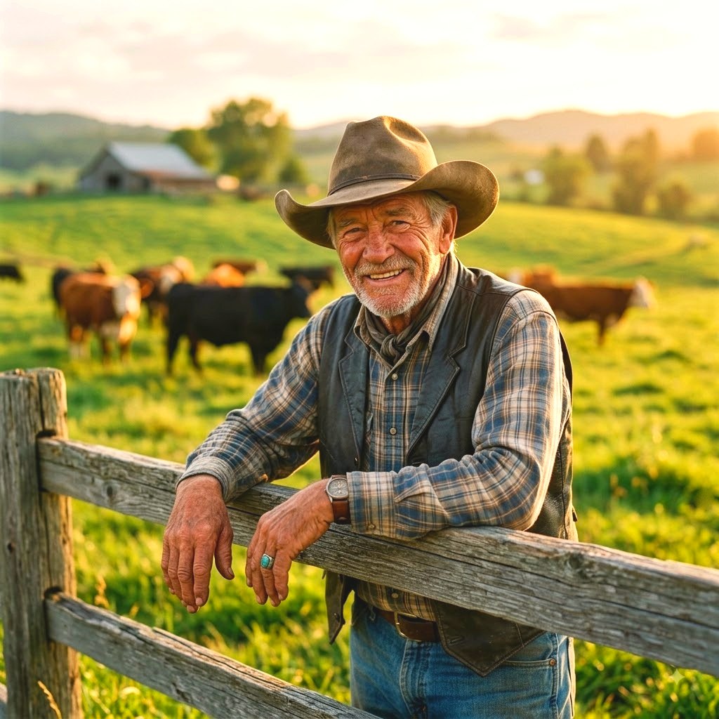 A rancher in a cowboy hat leaning on a fence with cattle behind him