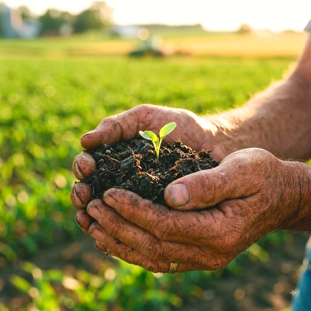 Hands holding soil with a seedling